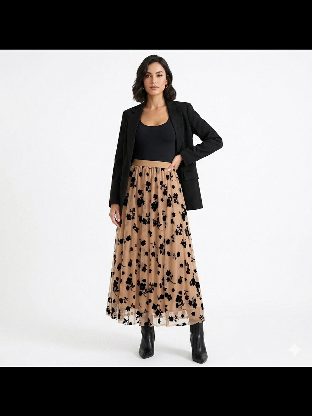 Chicwish Beige Mesh Maxi Skirt with Black Floral Velvet Appliqué - Picture 3 of 4